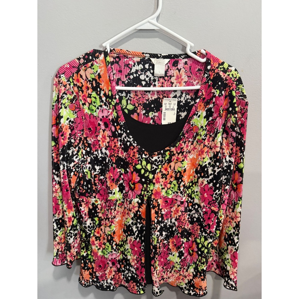 Christopher & Banks Womens Large Floral Plisse V-Neck Layered Top 3/4 Sleeve NWT